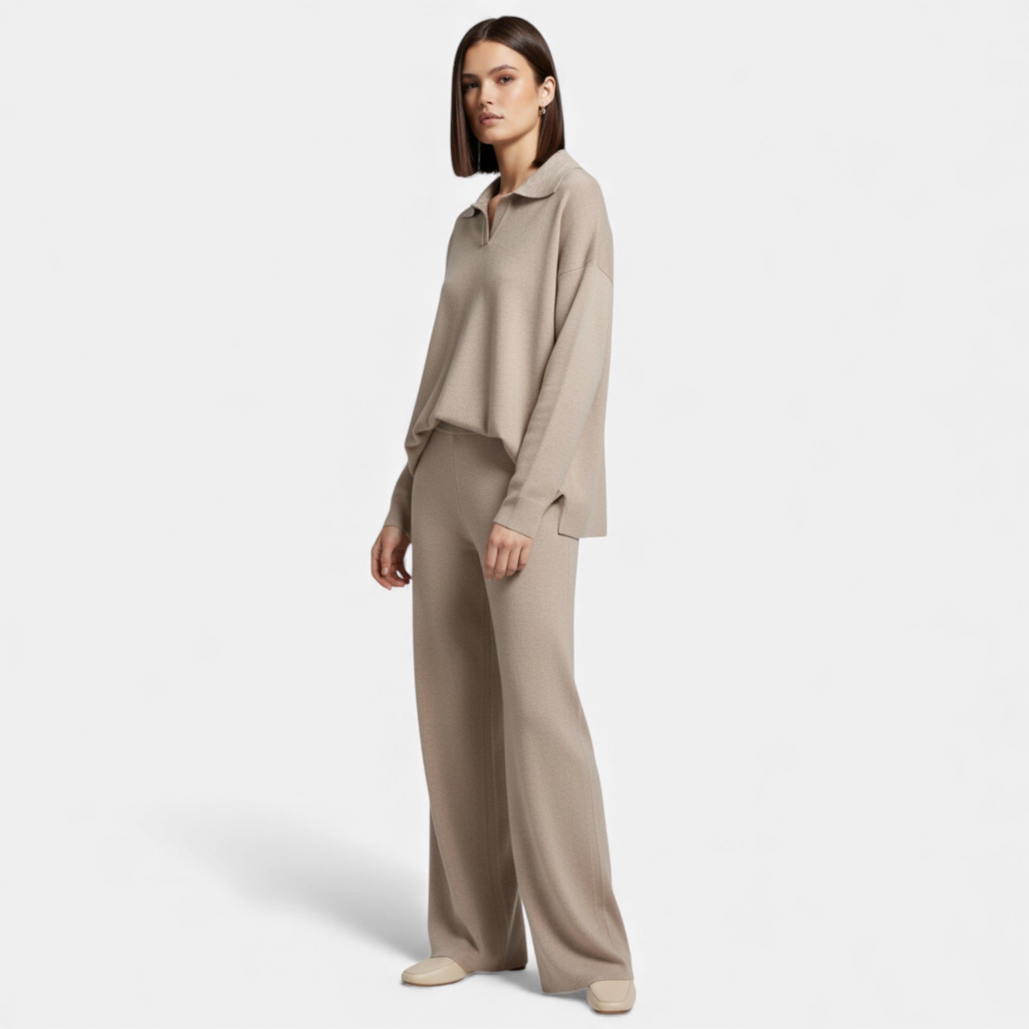 Cashmere-Feel Polo Lounge Set for Women | Elegant Knit Detail | Comfortable Casual Wear