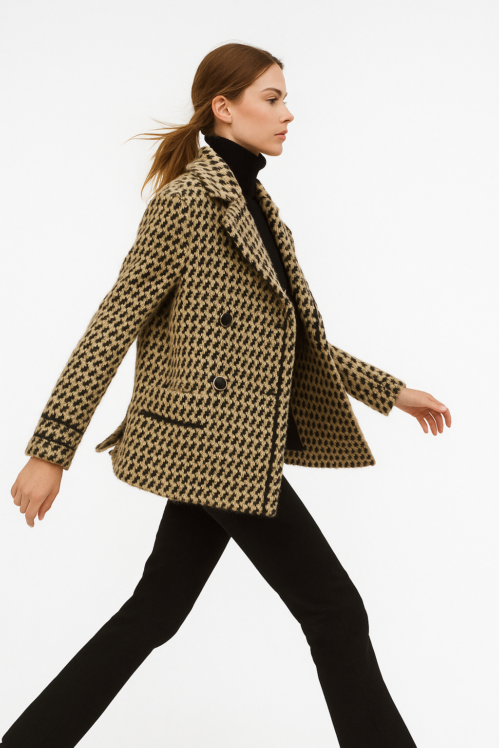 Houndstooth Knit Jacket for Women - Stylish Warm Layering Piece for Casual or Office Wear