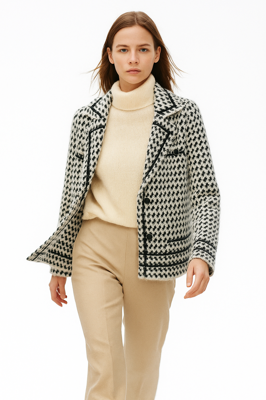 Houndstooth Knit Jacket for Women - Stylish Warm Layering Piece for Casual or Office Wear