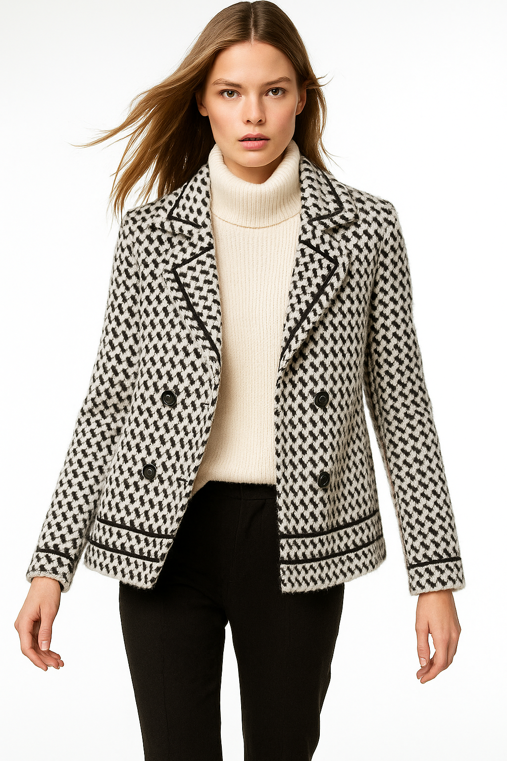 Houndstooth Knit Jacket for Women - Stylish Warm Layering Piece for Casual or Office Wear