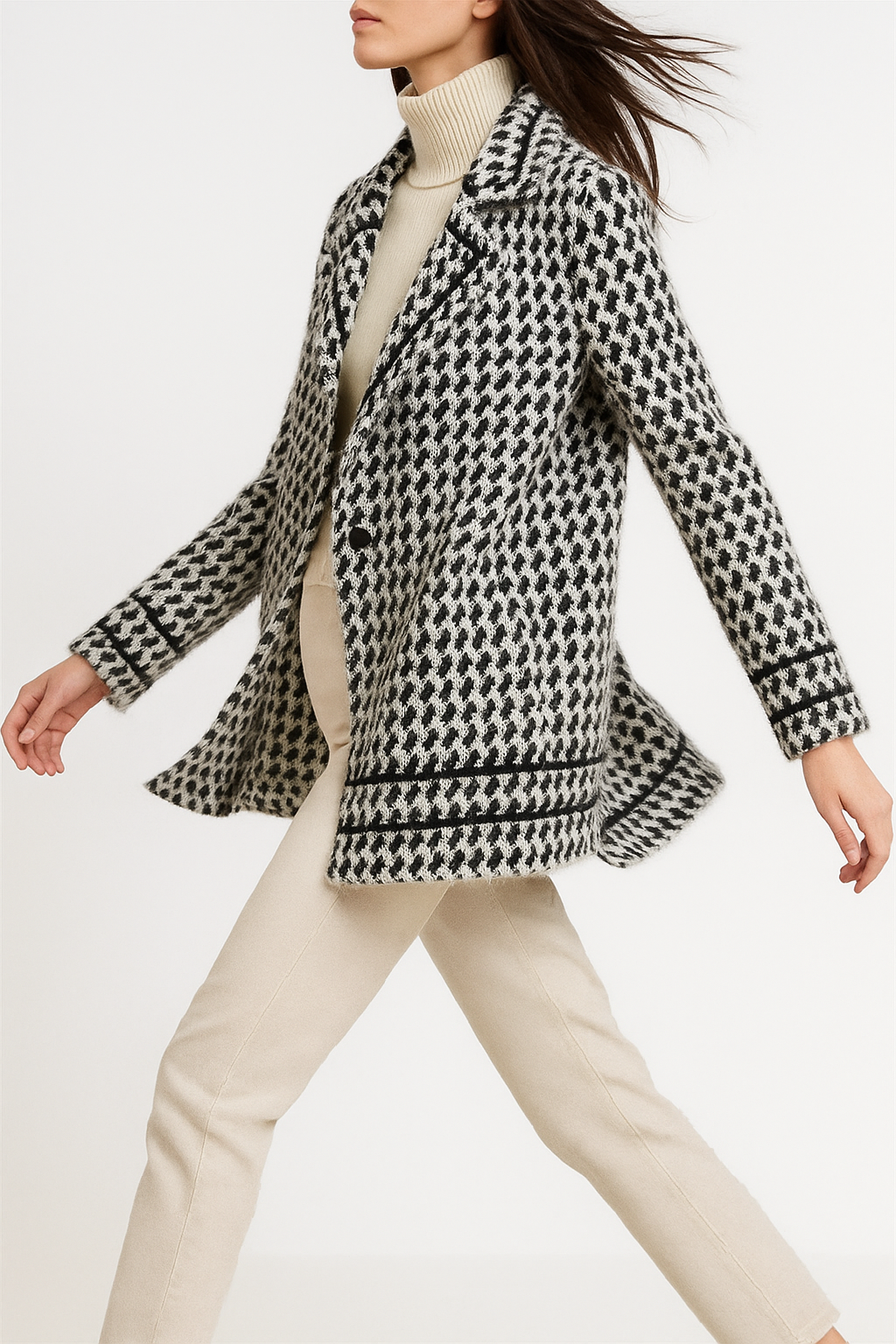 Houndstooth Knit Jacket for Women - Stylish Warm Layering Piece for Casual or Office Wear