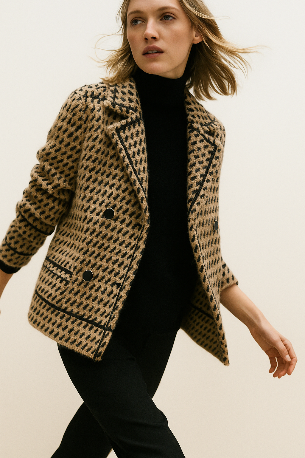 Houndstooth Knit Jacket for Women - Stylish Warm Layering Piece for Casual or Office Wear