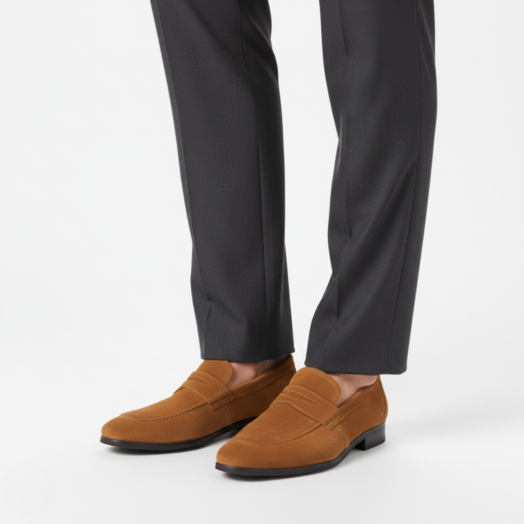 Khaki Suede Penny Loafers for Men - Casual Slip-On Shoes for Everyday Wear