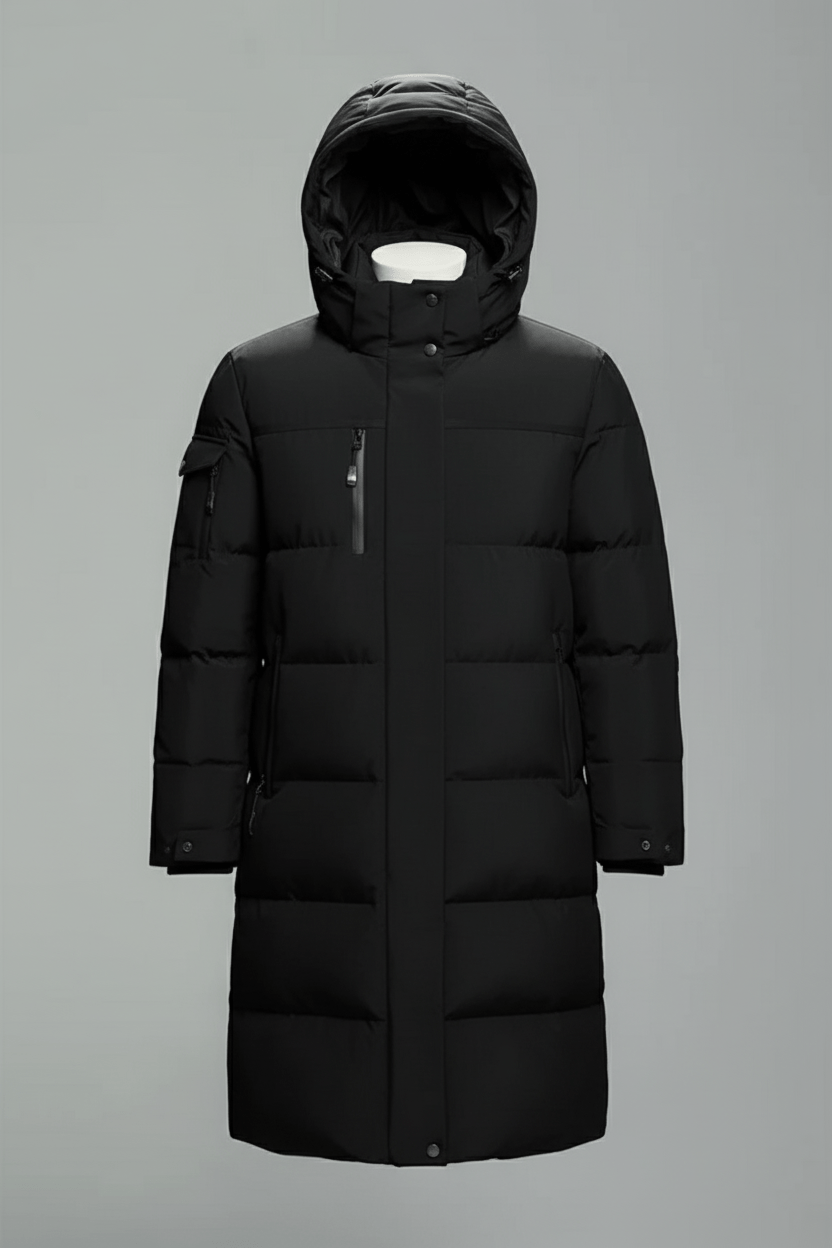 Men's Insulated Long Hooded Jacket - Water-Resistant Outerwear for Cold Weather and Casual Wear