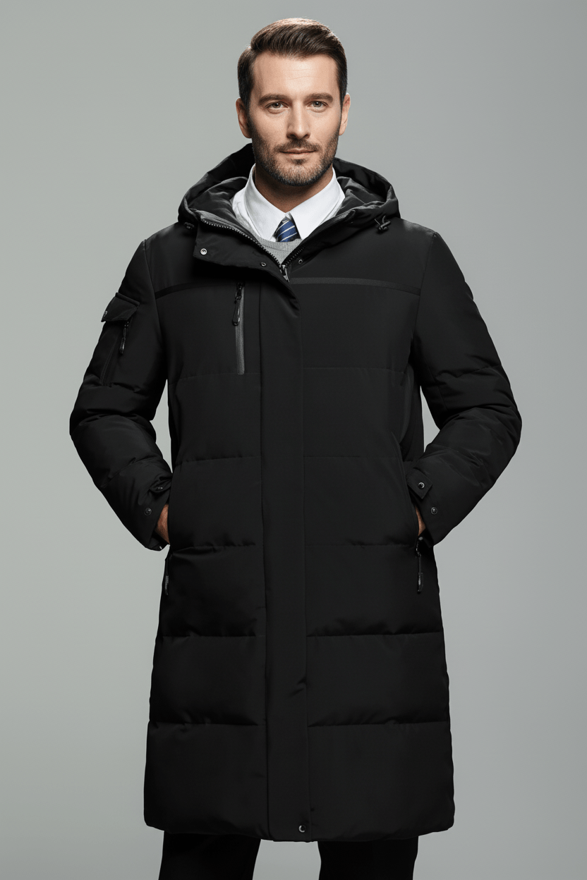 Men's Insulated Long Hooded Jacket - Water-Resistant Outerwear for Cold Weather and Casual Wear