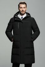 Men's Insulated Long Hooded Jacket - Water-Resistant Outerwear for Cold Weather and Casual Wear