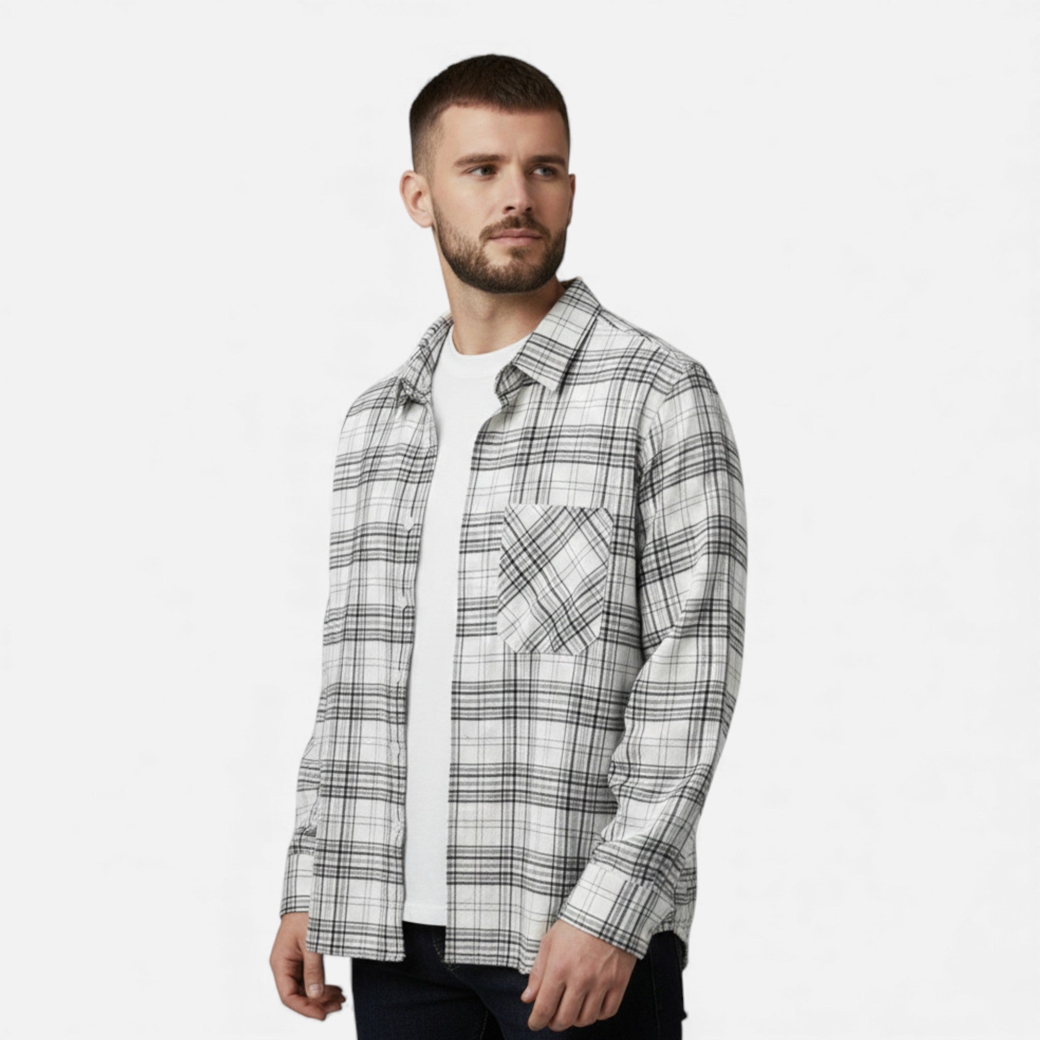 Men's Plaid Long-Sleeve Shirt with Pocket | Loose Fit Cotton Casual Top for Everyday Wear
