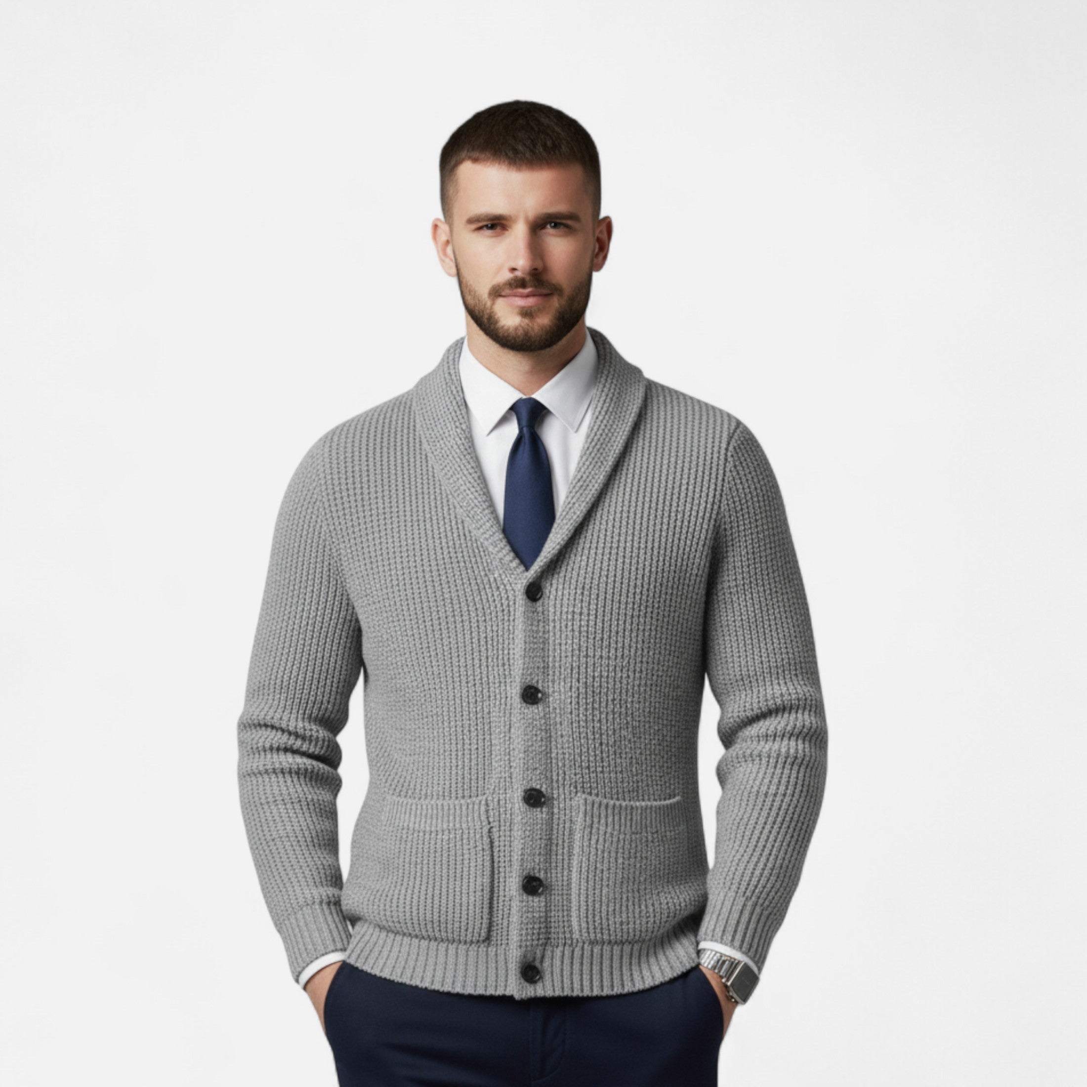 Men's Premium Wool Cardigan - Classic Slim Fit Button-Up for Casual or Formal Wear