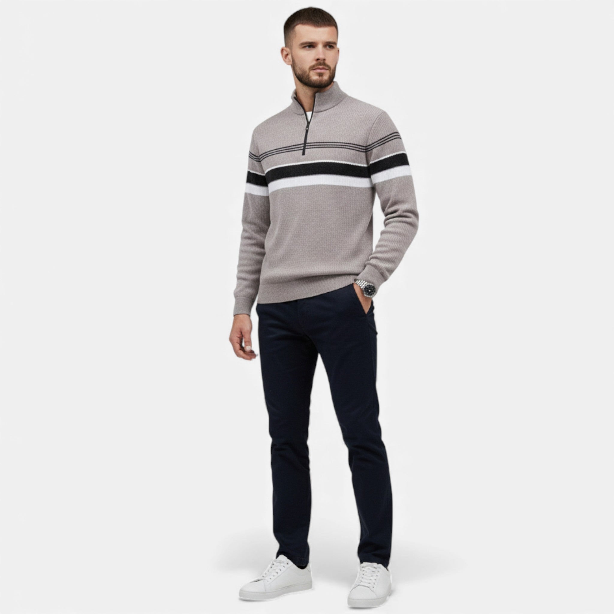 Men's Thick Striped Knit Half-Zip Sweater | Warm, Casual Style for Everyday Wear