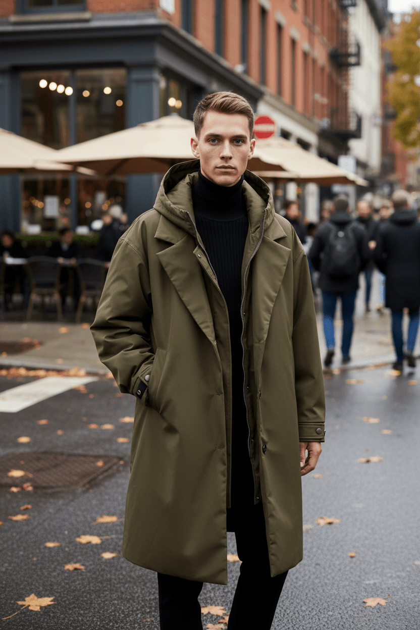 Men's Wool Blend Double-Breasted Trench Coat - Tailored Fit for Stylish Outerwear in Cold Weather
