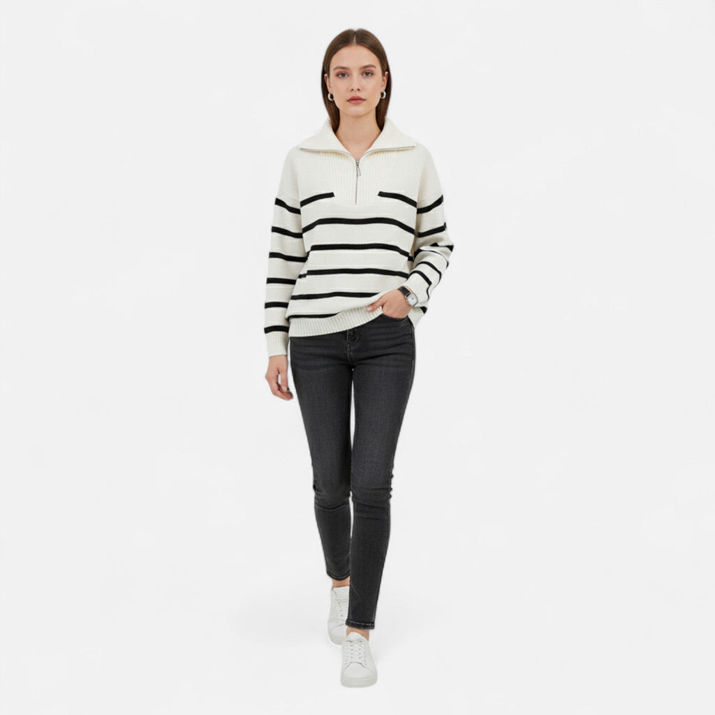 Women's Striped Polo Sweater | Knit Fabric | Autumn Style | Casual Wear | Perfect for Layering